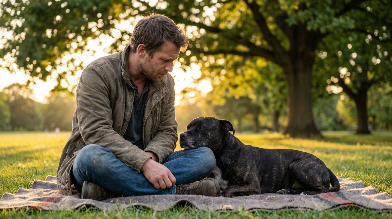 Un homme regarde avec tendresse son chien, un Staffordshire Bull-Terrier croisé, qui est assis sagement à ses pieds dans un parc.