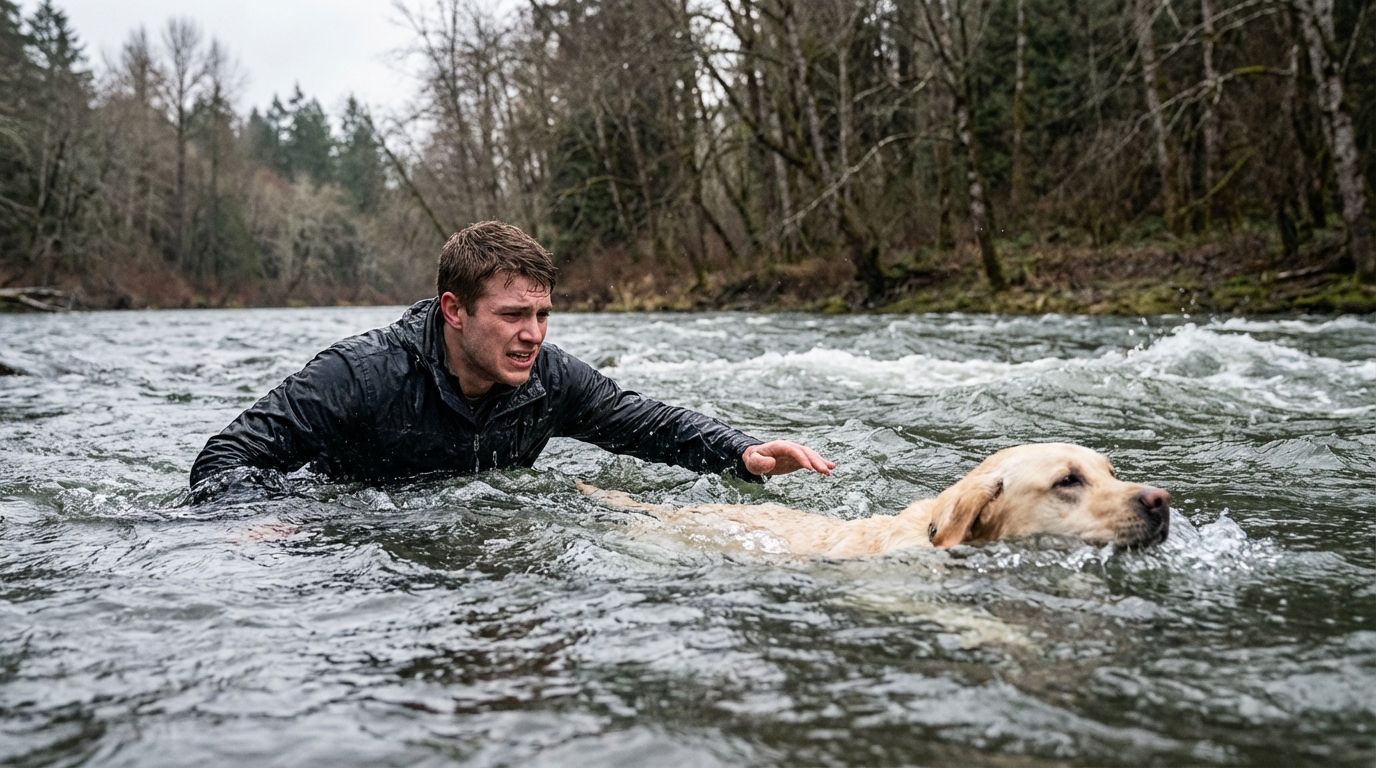 Un jeune homme dans une rivière au courant fort, tendant la main avec détermination vers son chien qui nage difficilement.