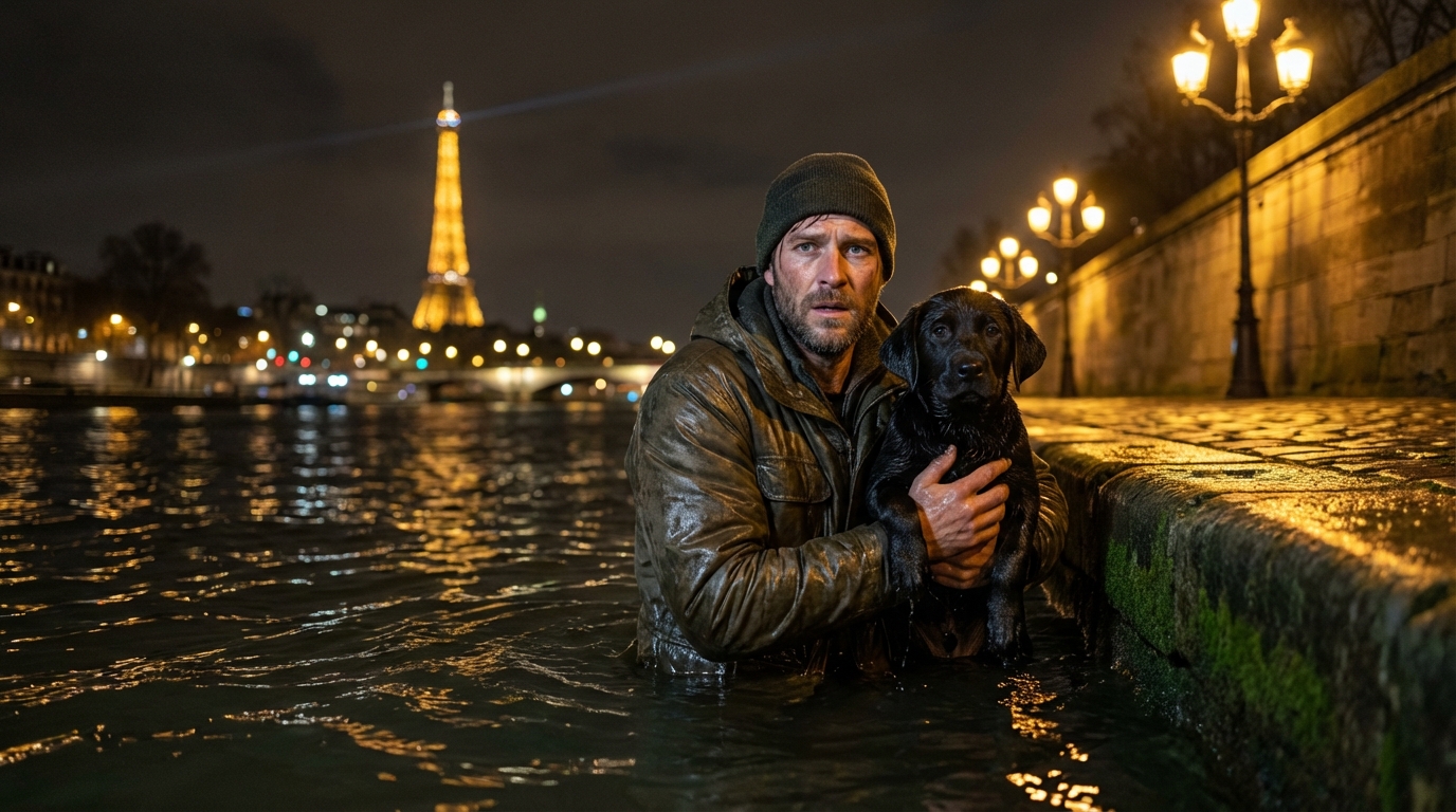 Un homme courageux dans l'eau sombre de la Seine, tenant fermement un labrador noir pour le mettre en sécurité près de la rive.