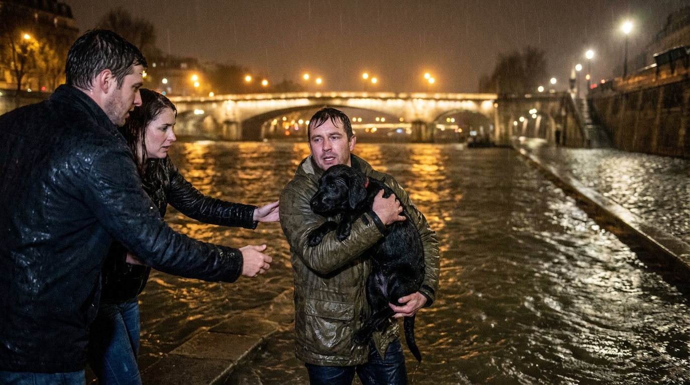 Un homme courageux sort un labrador noir de l'eau sombre de la Seine à Paris, près d'un pont illuminé, dans une scène de sauvetage nocturne.