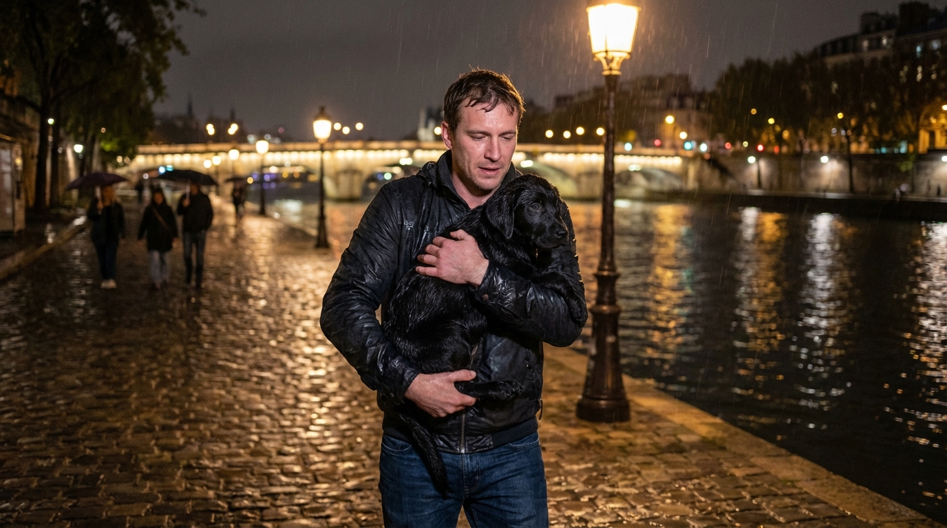Un jeune labrador noir, mouillé et reconnaissant, est blotti dans les bras d'un homme sur les quais de la Seine la nuit à Paris.