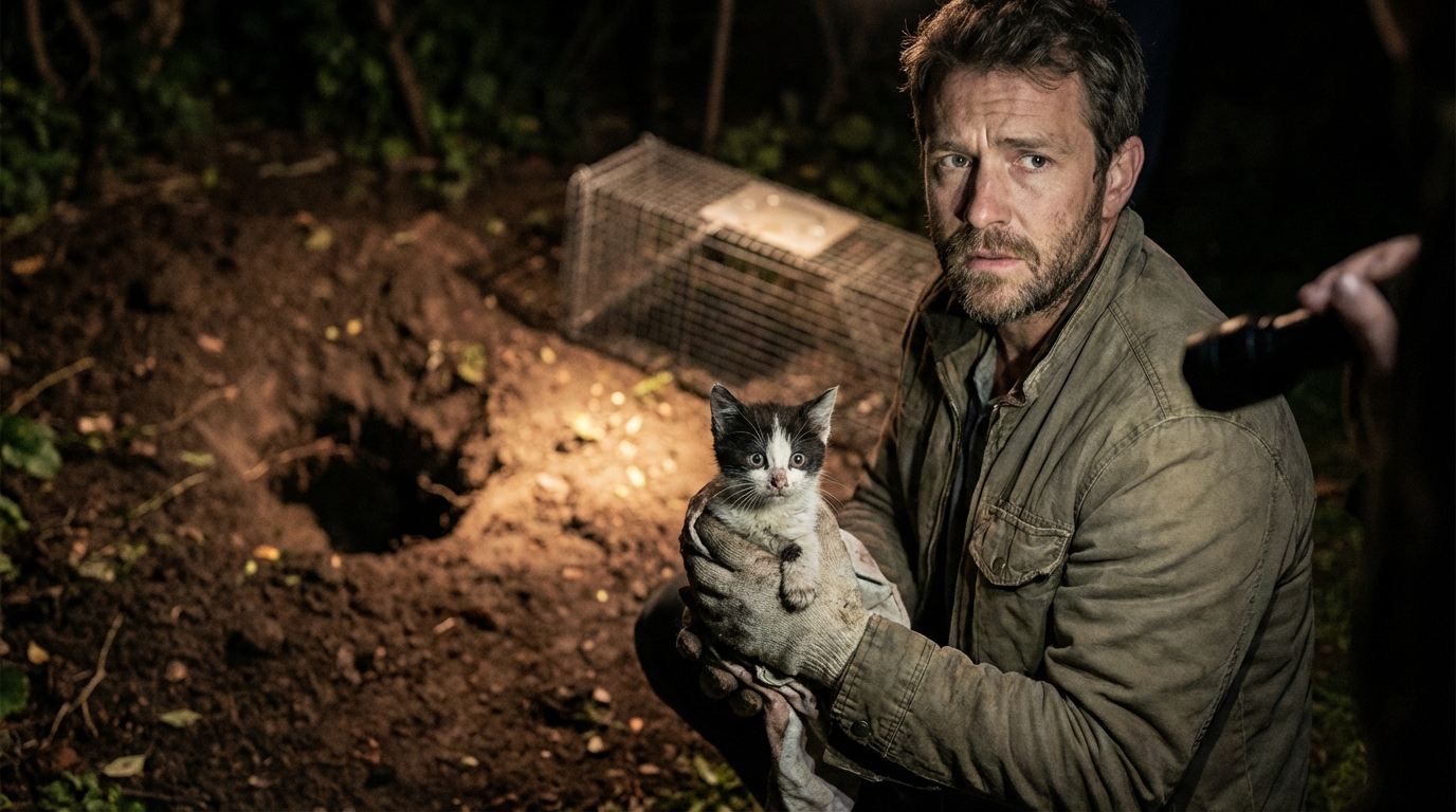 Un homme au visage inquiet tient tendrement dans ses bras un petit chaton noir et blanc, l'air encore effrayé après son sauvetage.