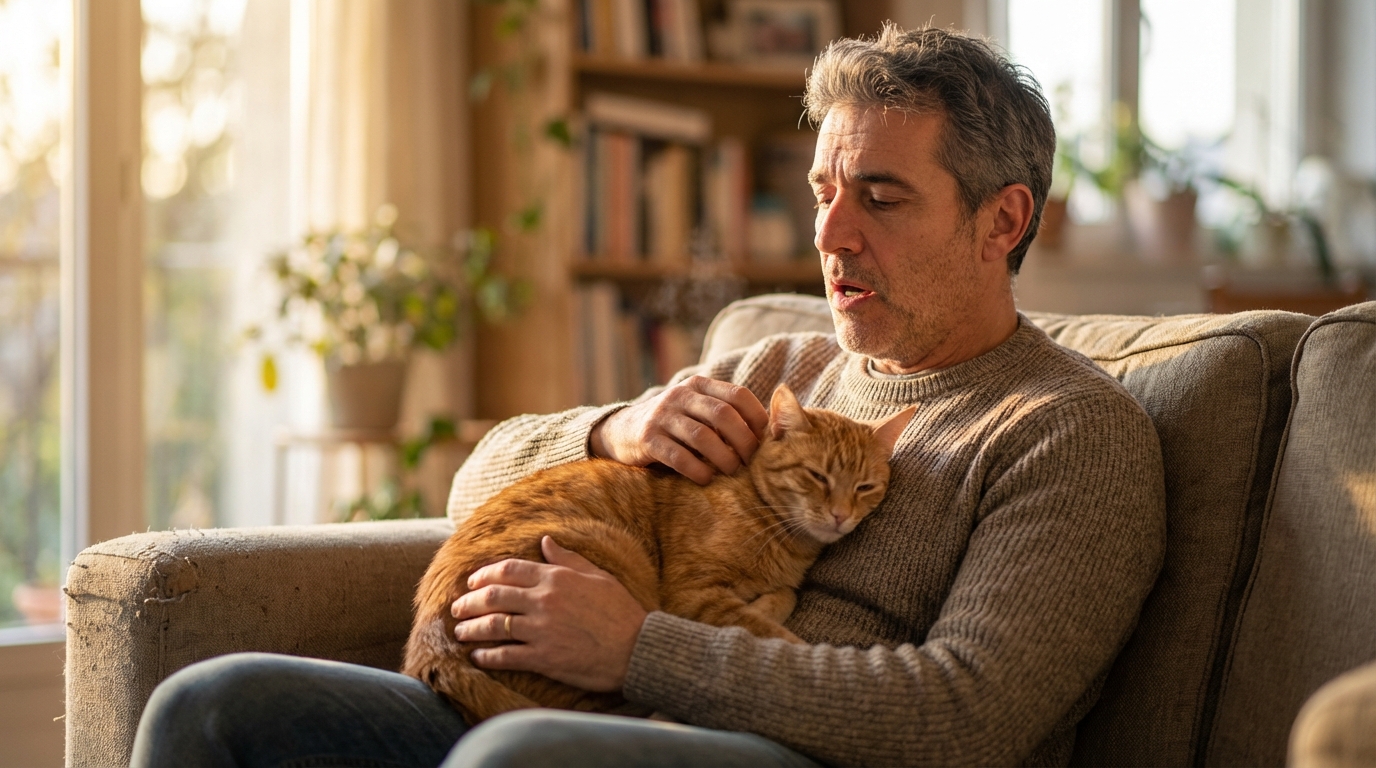 Un homme, les traits tirés par l'émotion mais soulagé, serre tendrement son chat tigré roux contre lui dans un salon lumineux.