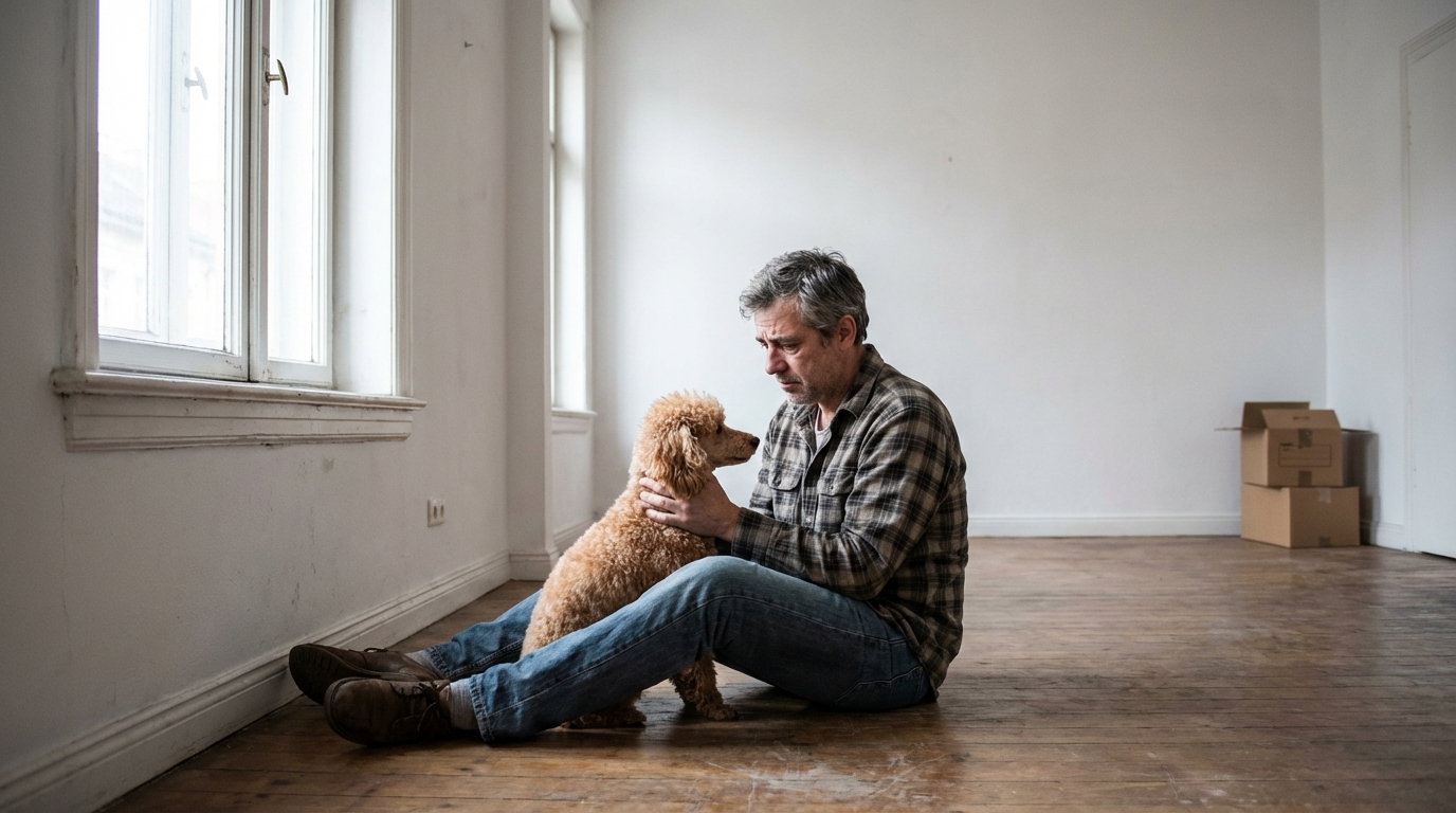 Un homme d'âge mûr, l'air soucieux, est assis près d'une fenêtre avec son petit caniche blanc sur les genoux, symbolisant une décision difficile.
