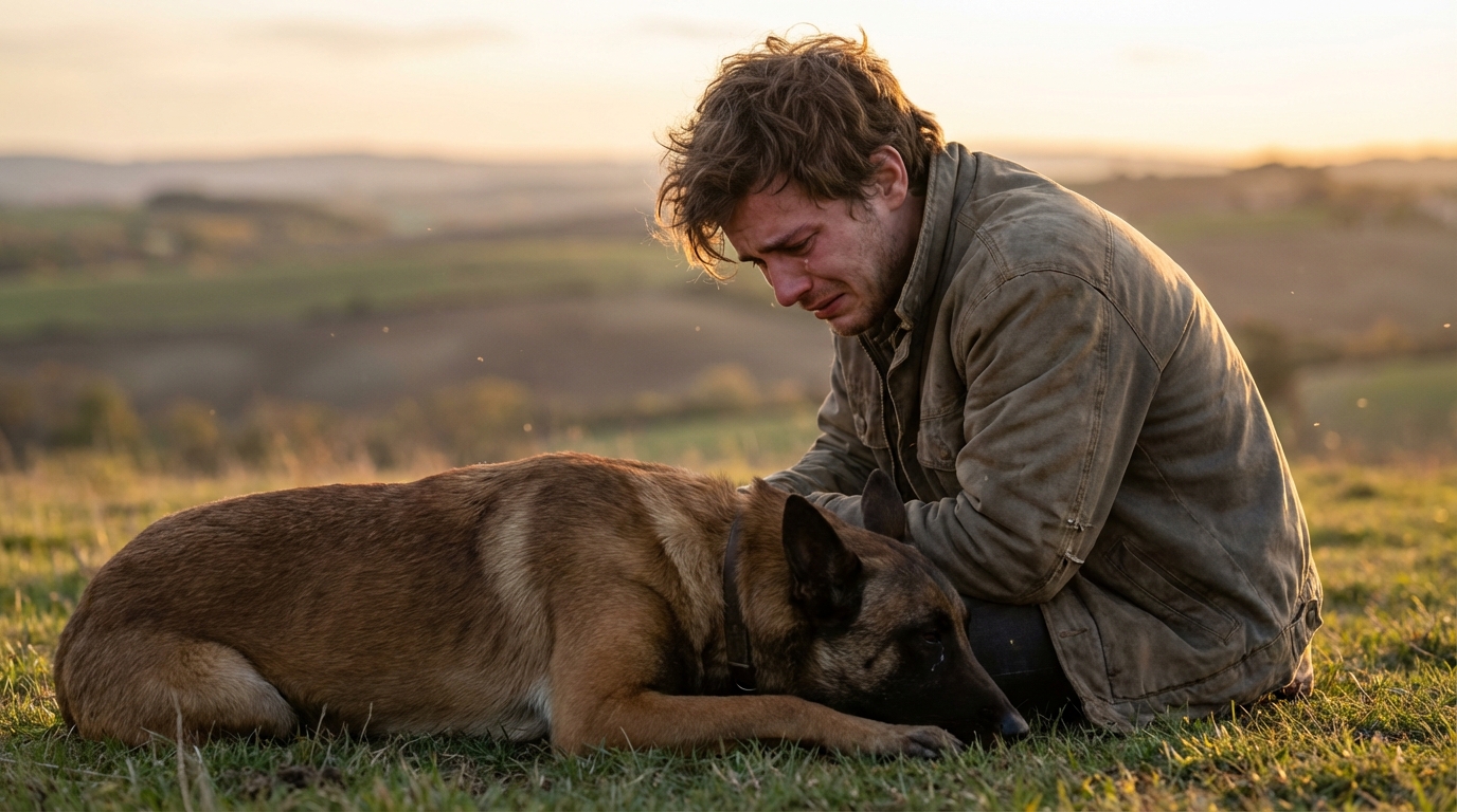 Un jeune homme regarde tristement son chien de race Malinois, symbolisant le drame et le lien brisé au sein d'une famille.