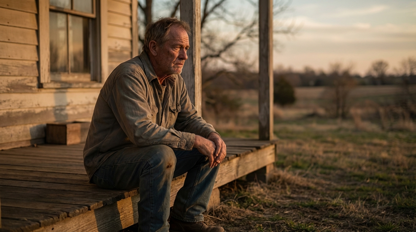 Un homme d'âge mûr, le visage marqué par le chagrin, est assis seul sur un banc et tient dans ses mains une laisse de chien vide.