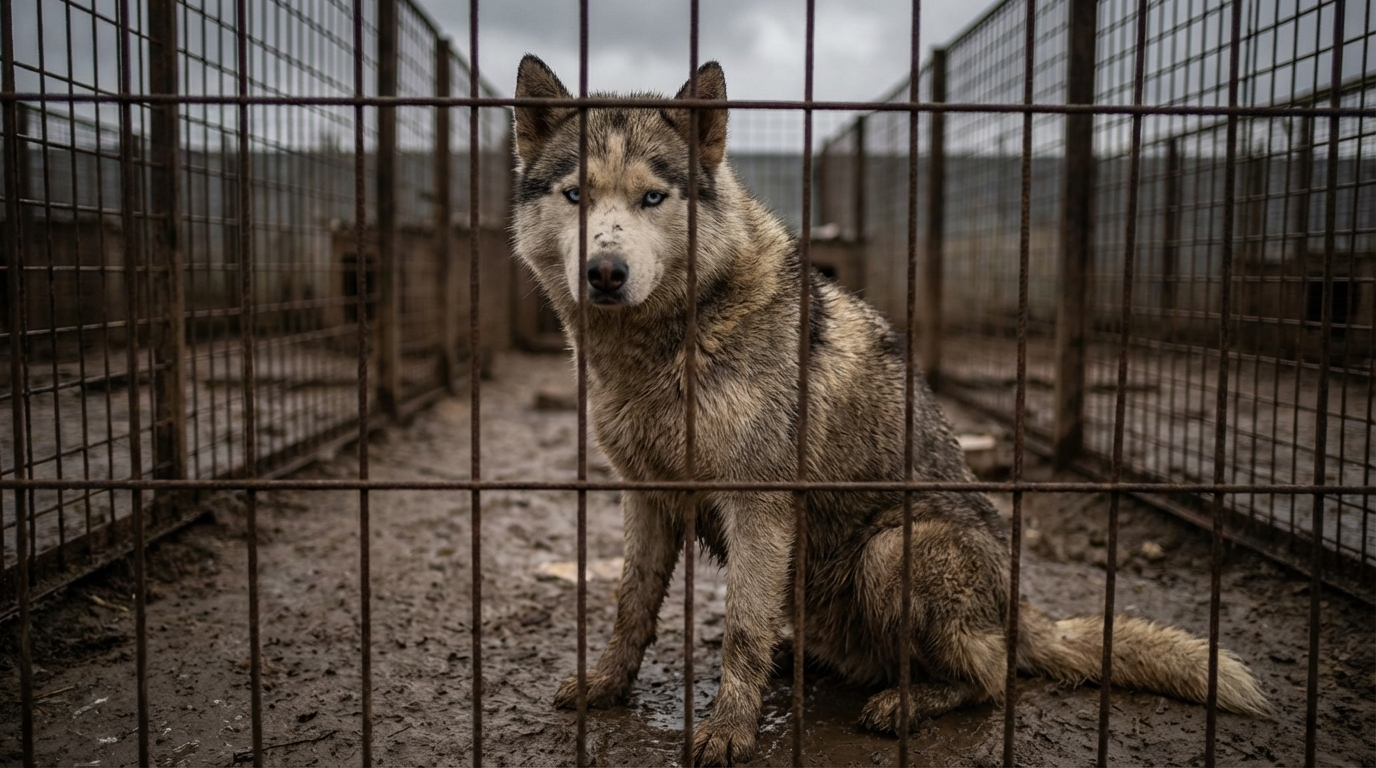 Un chien de race husky au regard triste, derrière les barreaux d'un enclos, symbolisant la maltraitance animale dans les élevages.