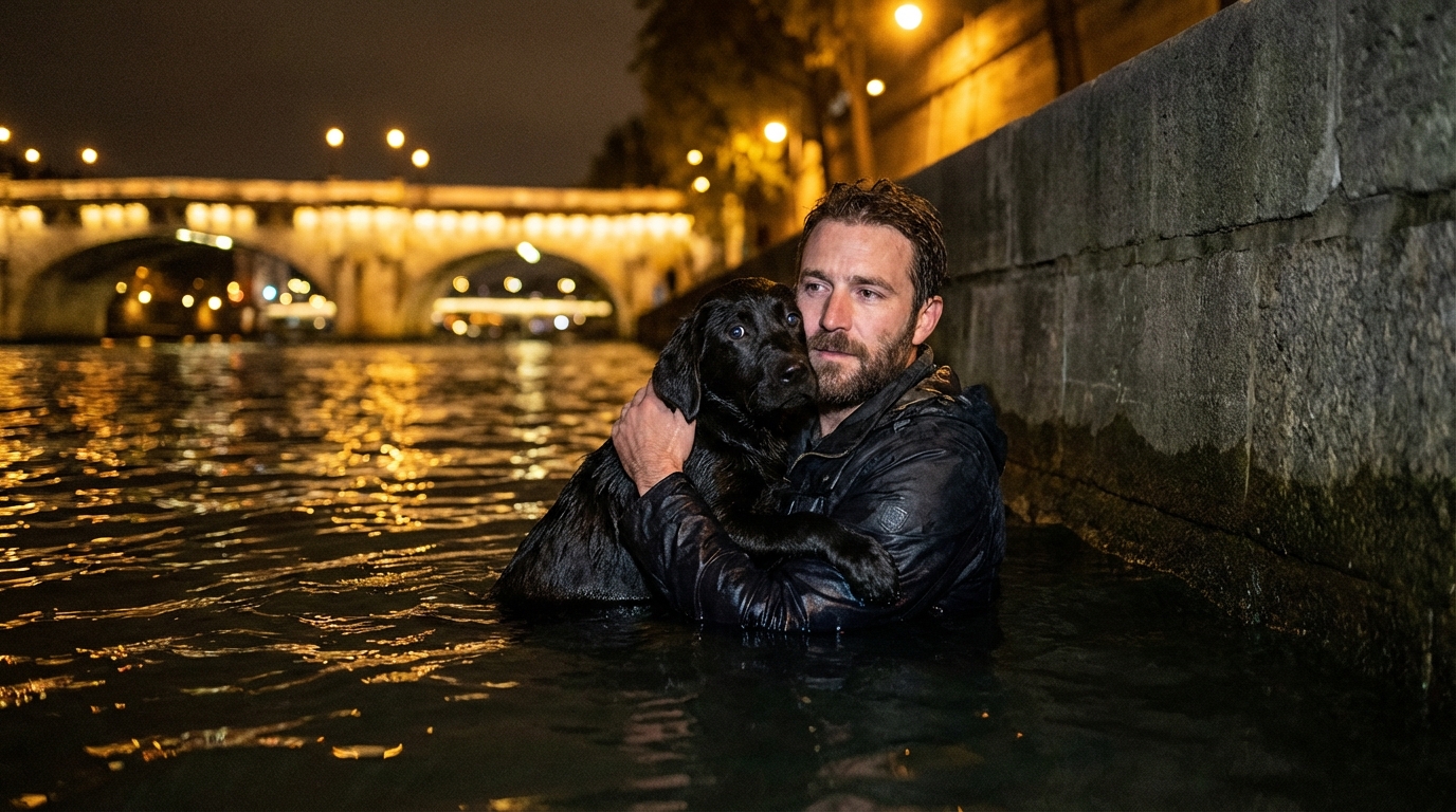 Un homme courageux dans l'eau sombre de la Seine, tenant fermement un jeune labrador noir mouillé pour le ramener sur la rive la nuit.