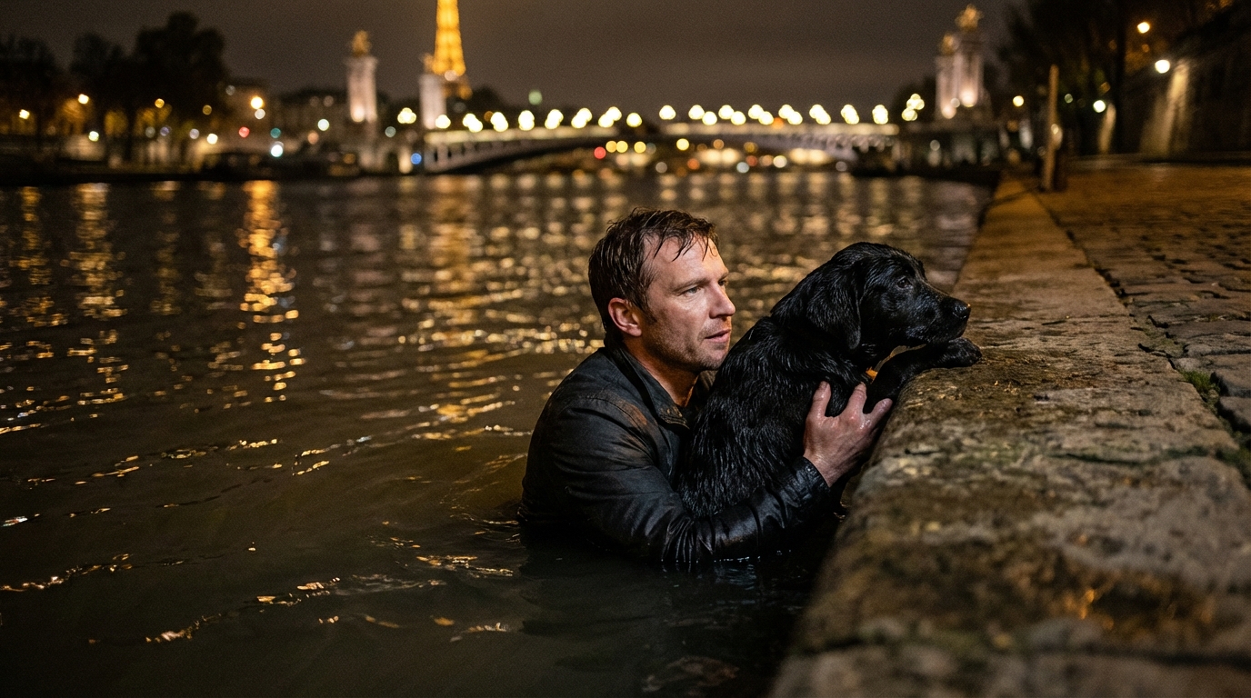 Un homme courageux dans l'eau sombre de la Seine la nuit, tenant un jeune labrador noir contre lui pour le sauver près d'un quai.