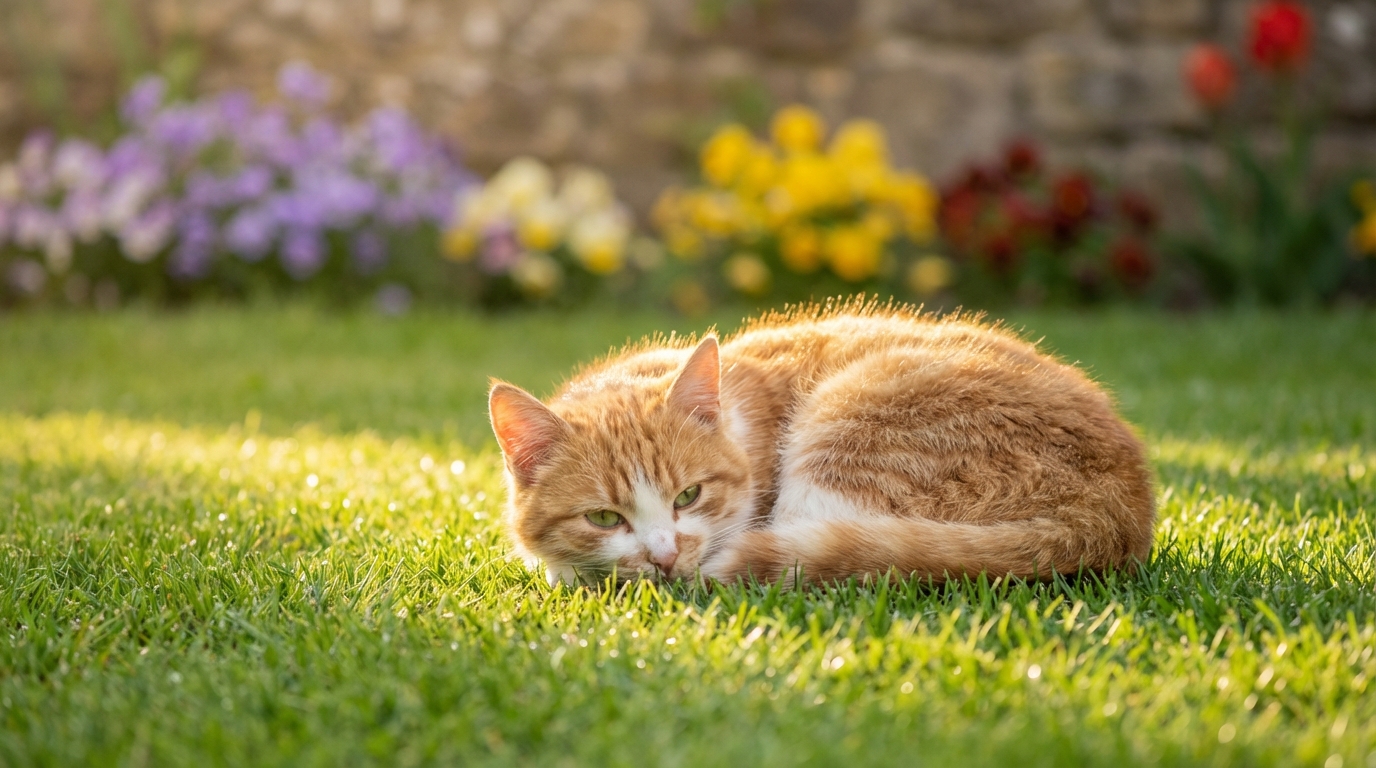 Une adorable jeune chatte rousse et blanche dormant paisiblement dans l'herbe verte, baignée par la lumière du soleil.