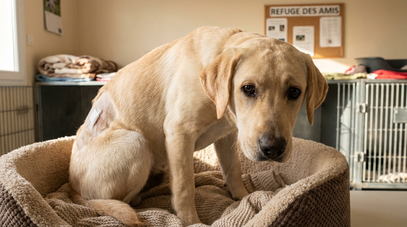 Un jeune chien au regard triste et vulnérable, emmitouflé dans une couverture chaude dans un panier au refuge, symbolisant l'espoir.