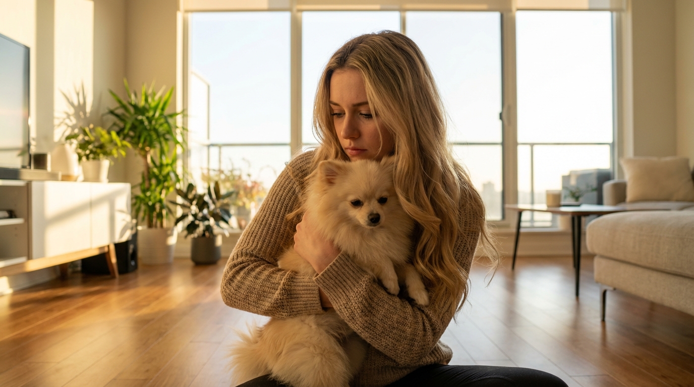 Une jeune femme regarde avec tendresse son chien, symbolisant le lien indéfectible face aux accusations d'abandon.