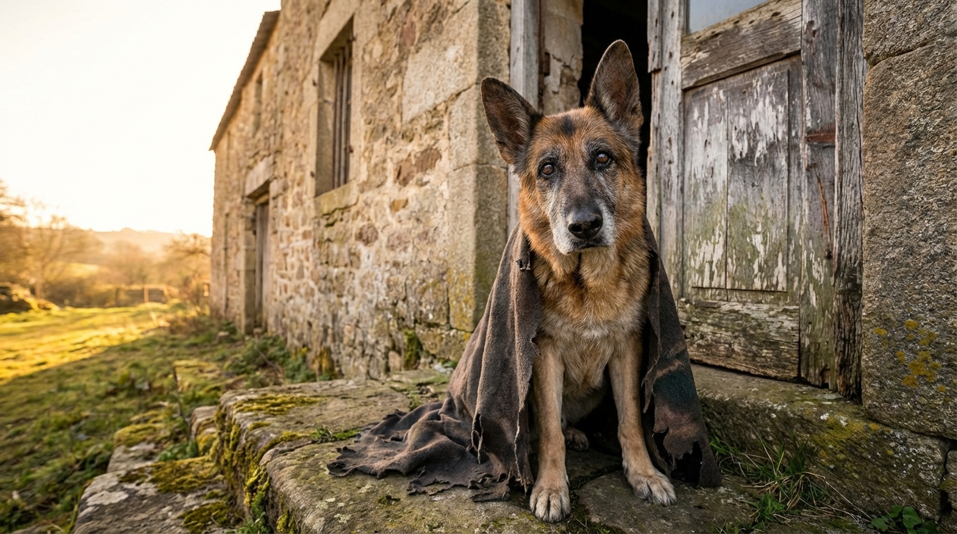 Un chien croisé berger allemand, l'air triste et loyal, assis sur le seuil d'une vieille porte de ferme en bois.