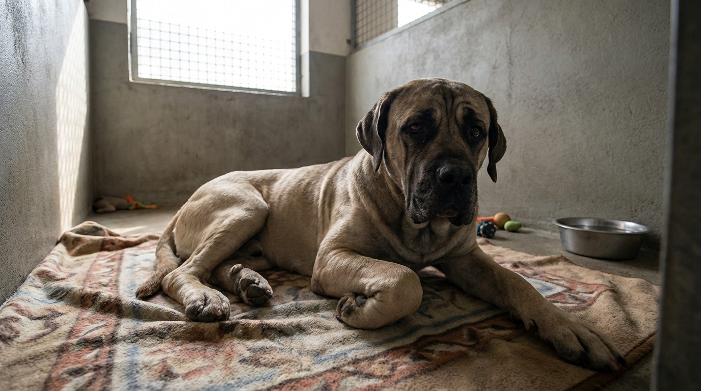 Kheops, un chien au regard infiniment triste, couché dans son box au refuge, le corps marqué par les séquelles de la maltraitance.
