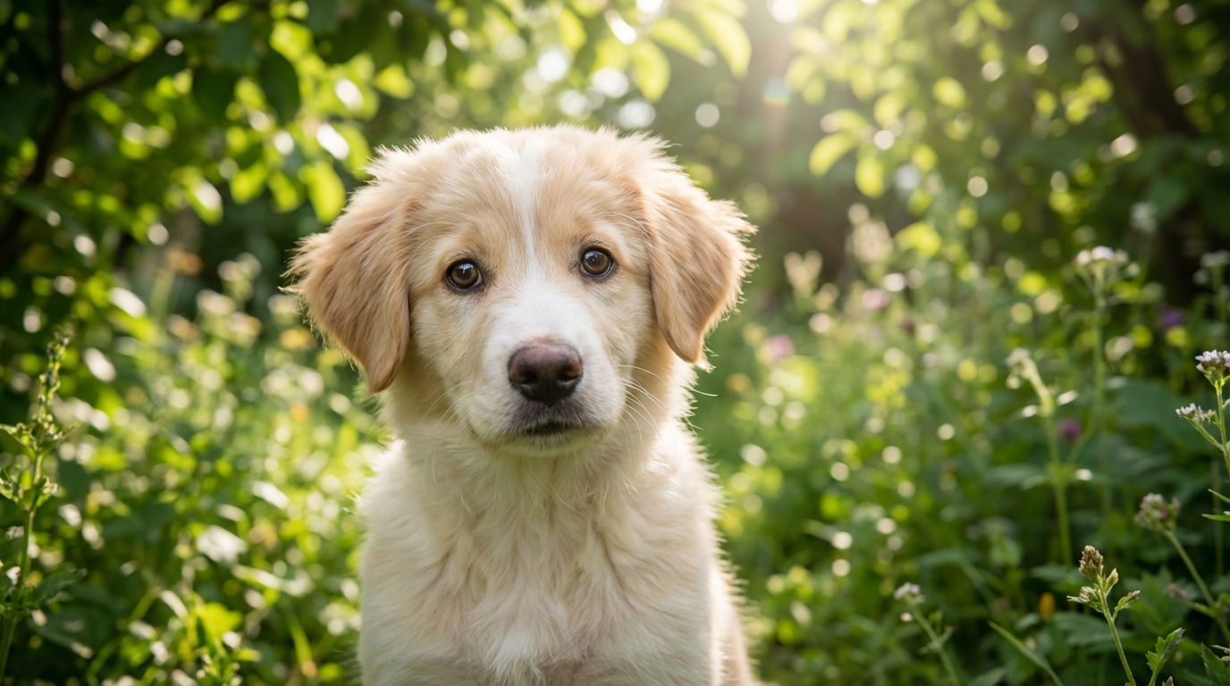 Un adorable chiot croisé de 5 mois, au pelage clair, assis dans un parc, regardant l'objectif avec des yeux pleins d'espoir.