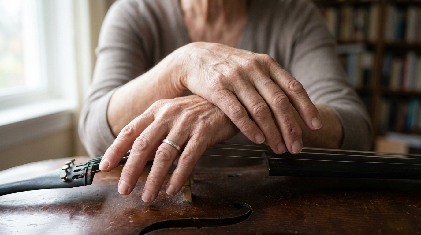 Gros plan sur les mains ridées d'une femme âgée posées avec émotion sur les cordes d'un violoncelle, symbolisant une passion perdue.