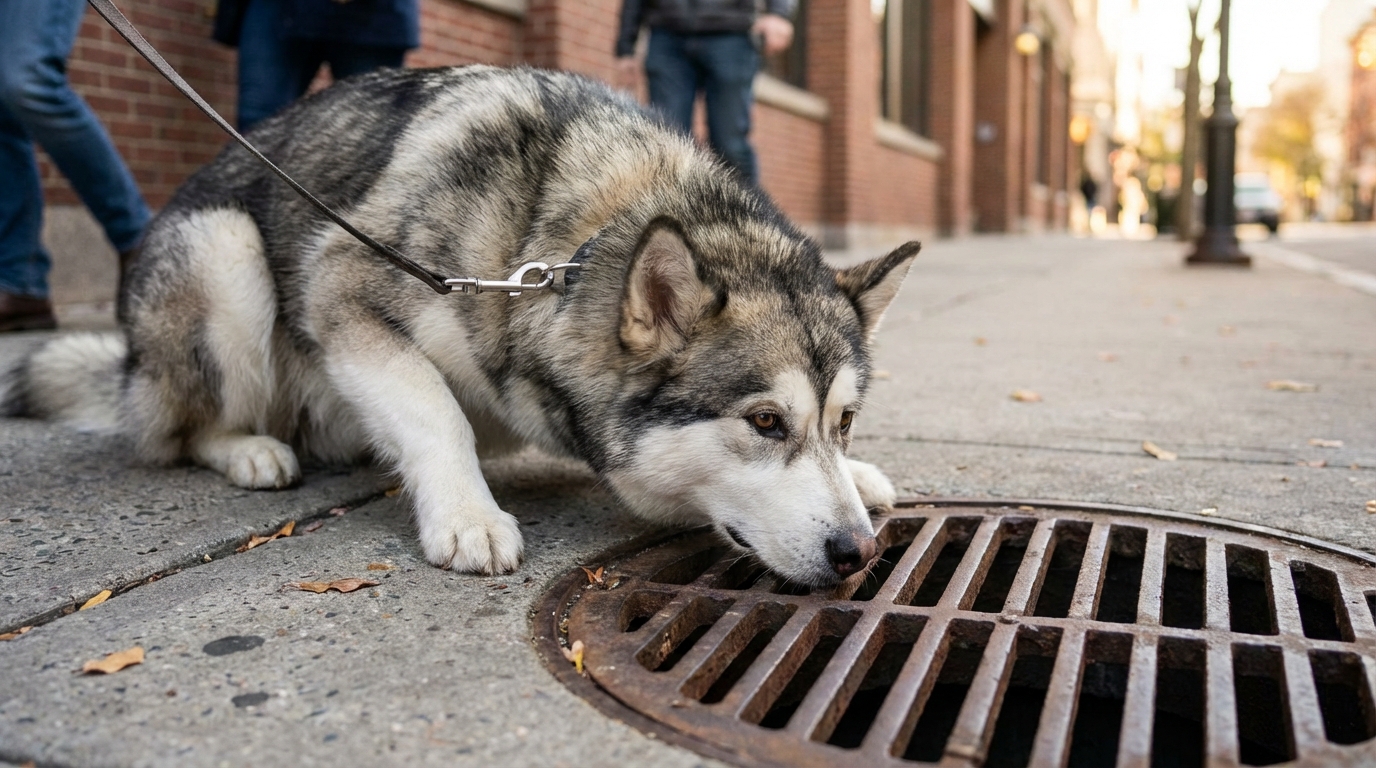 Un grand Malamute d'Alaska au pelage touffu se penche avec curiosité pour inspecter une bouche d'égout sur un trottoir en ville.