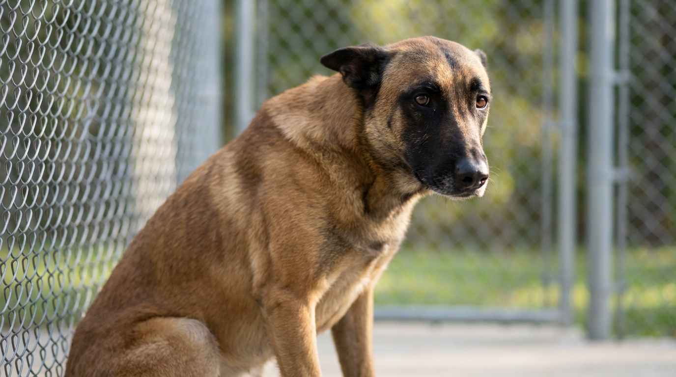 Un magnifique chien Malinois au regard triste mais doux, assis dans un refuge, attendant une nouvelle famille après avoir été sauvé de la maltraitance.