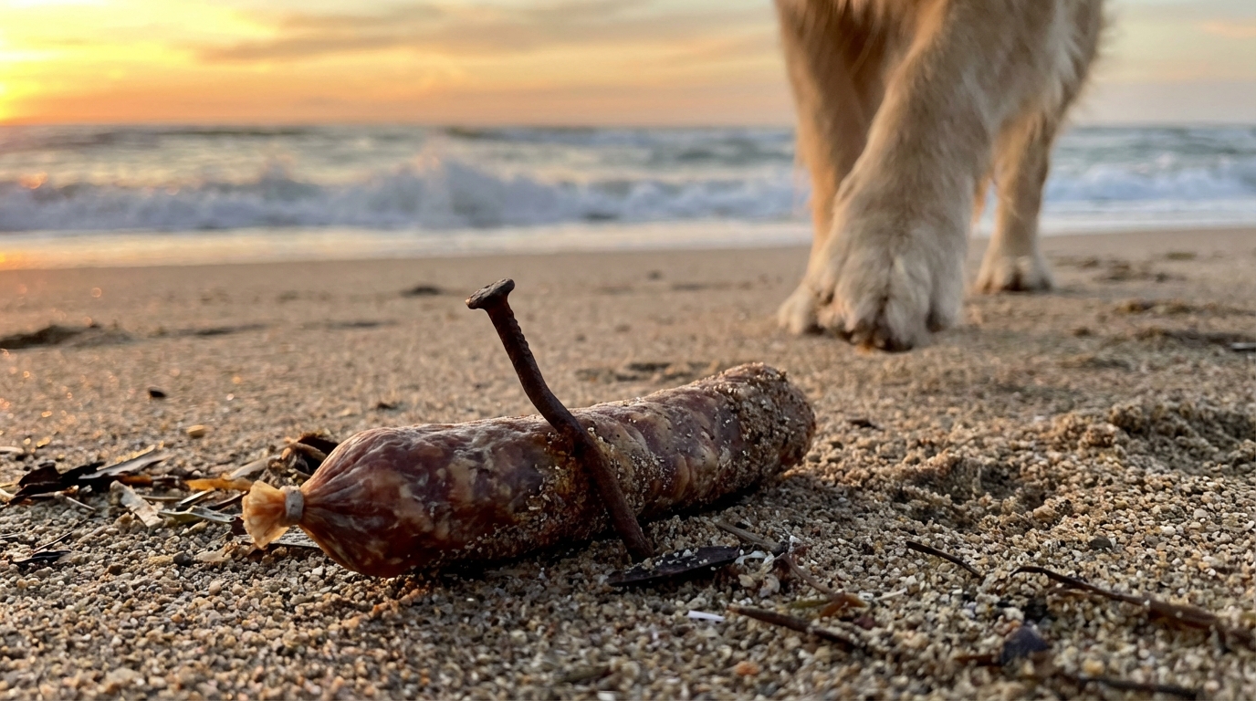 Gros plan sur un morceau de saucisson contenant un clou, un piège dangereux pour les chiens, posé sur le sable d'une plage.