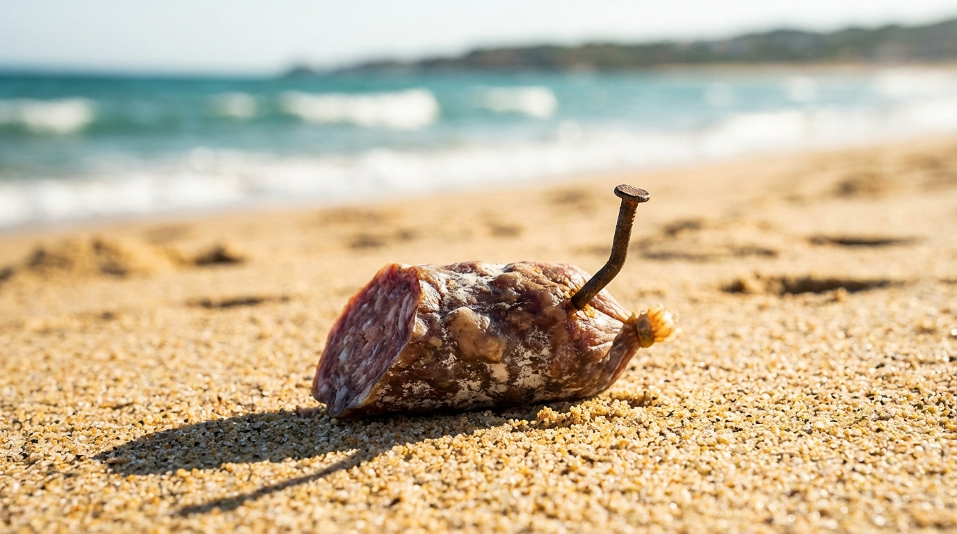 Un morceau de saucisson contenant des clous, abandonné sur le sable d'une plage, un piège dangereux pour les chiens.