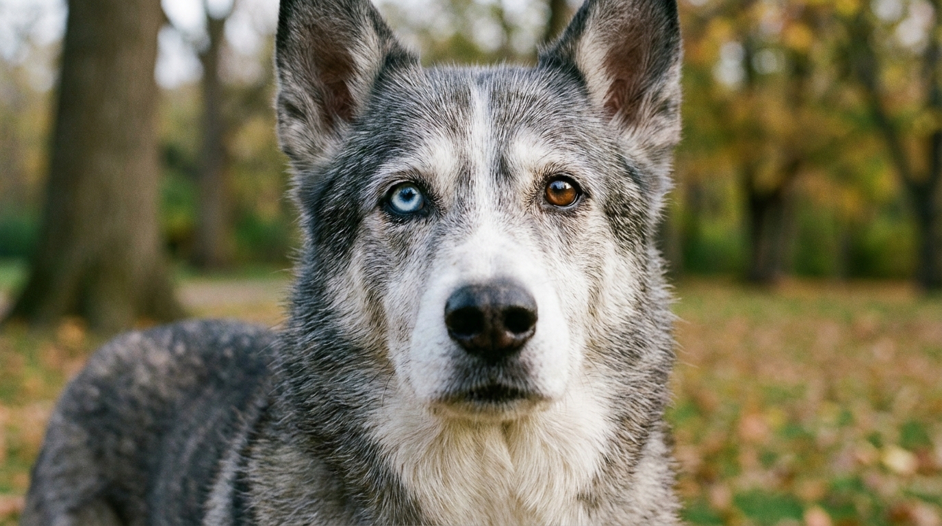 Néo, un magnifique chien croisé husky de 12 ans, avec un œil bleu et un œil marron, regarde avec douceur vers l'objectif.