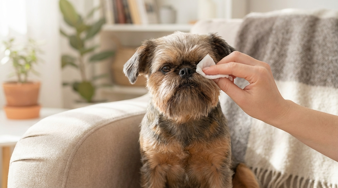 Griffon à poil dur se faisant nettoyer les yeux délicatement par son propriétaire. Image clé pour le soin oculaire et la santé du chien.