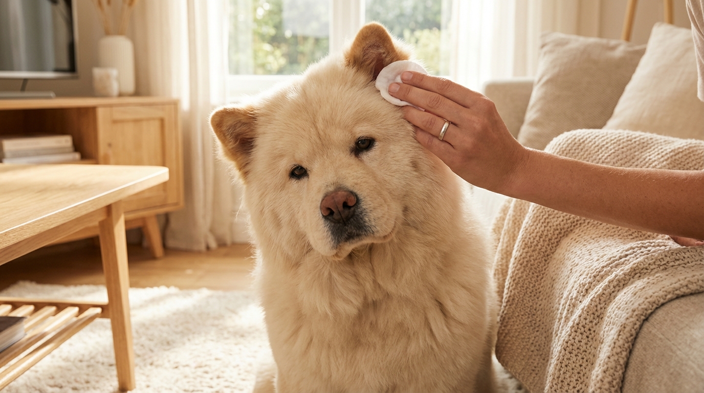 Une personne nettoie délicatement les oreilles d'un Chow Chow calme et roux avec une lotion et un coton, assurant une hygiène parfaite et prévenant les infections.