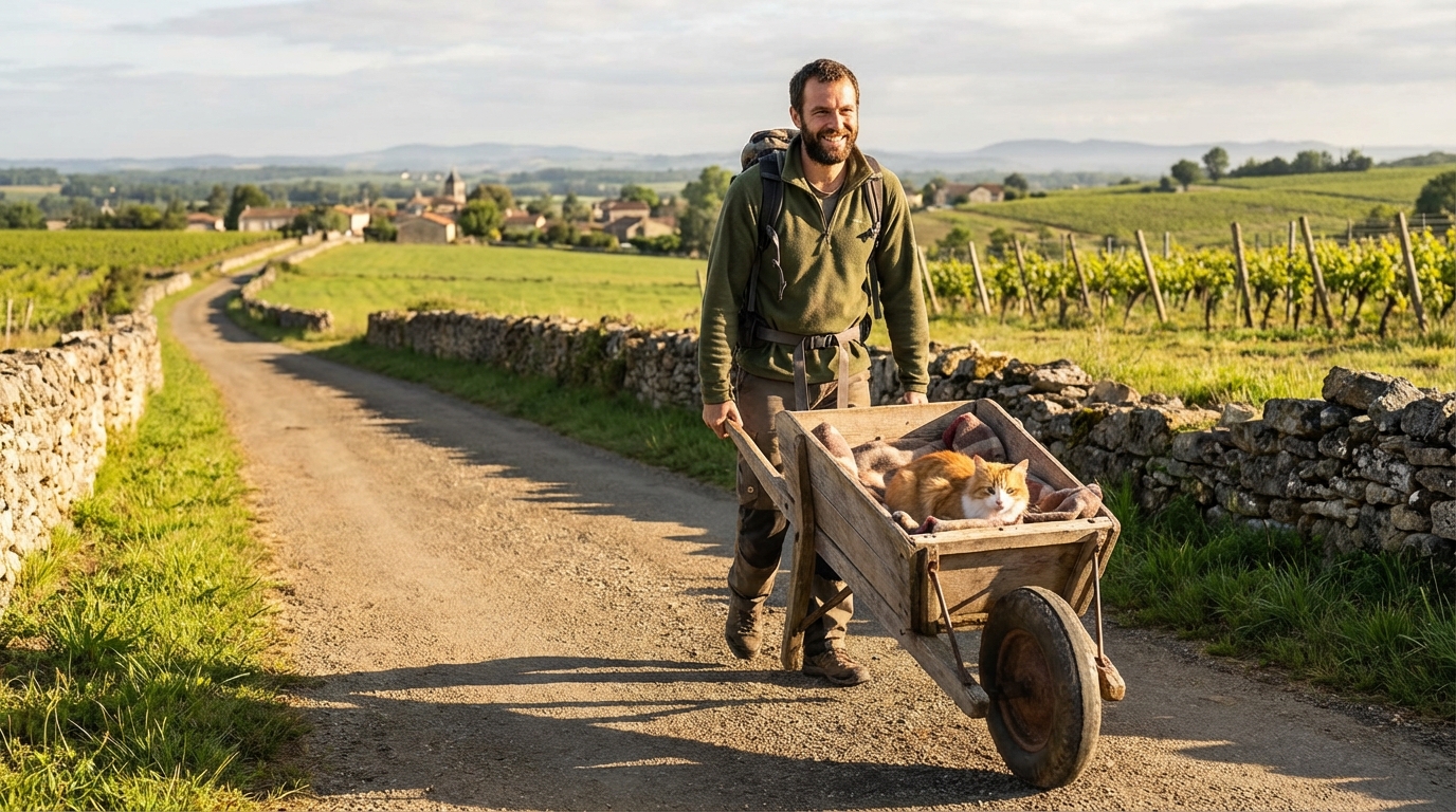 Un homme marche sur une route de campagne en poussant une petite carriole dans laquelle se trouve son chat, Framboise, qui regarde le paysage.