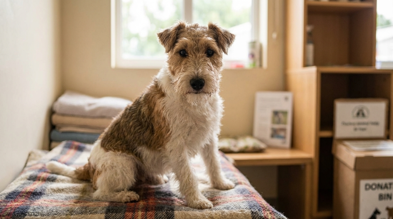 Oslo, un adorable chien de type fox terrier au regard doux, regarde l'objectif après avoir été sauvé de la maltraitance.