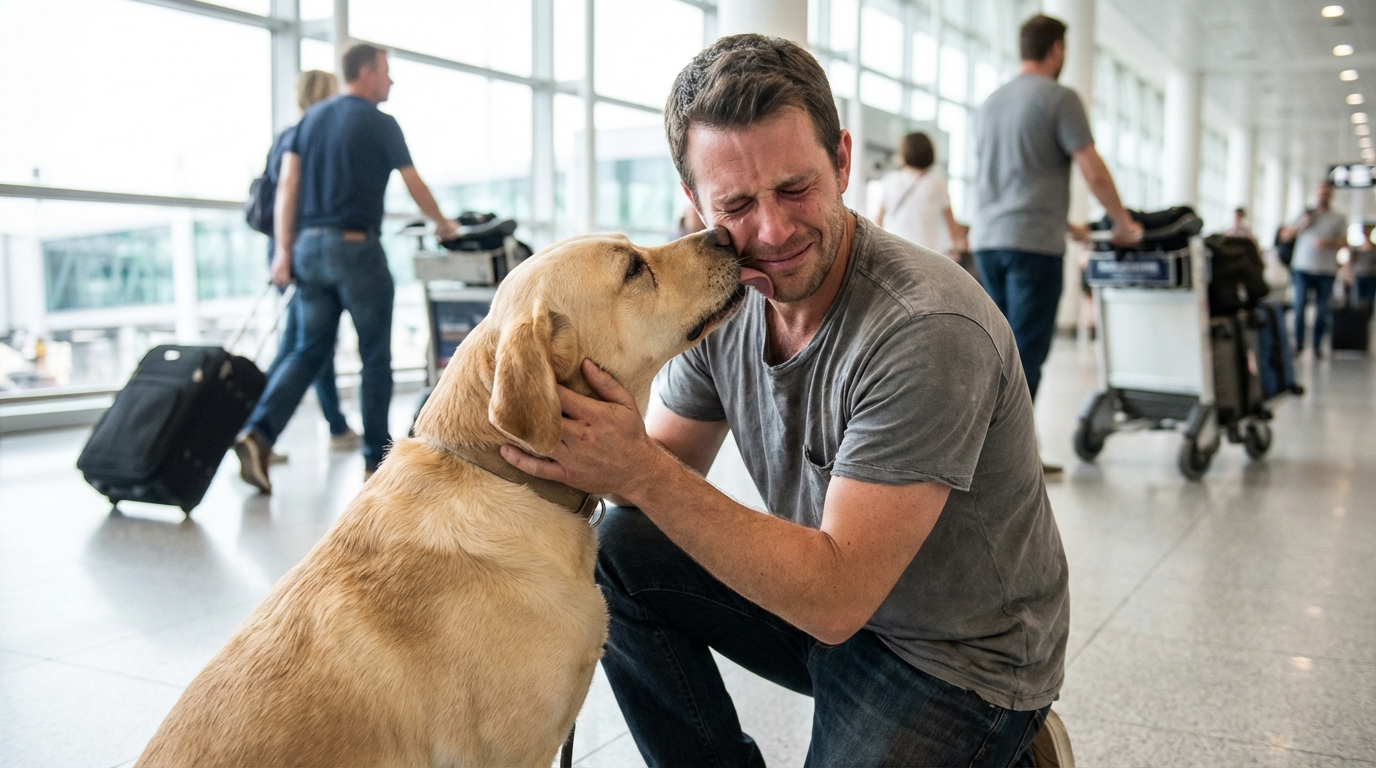 Une personne émue serre son chien dans ses bras dans un hall d'aéroport, symbolisant les retrouvailles poignantes après une longue séparation.
