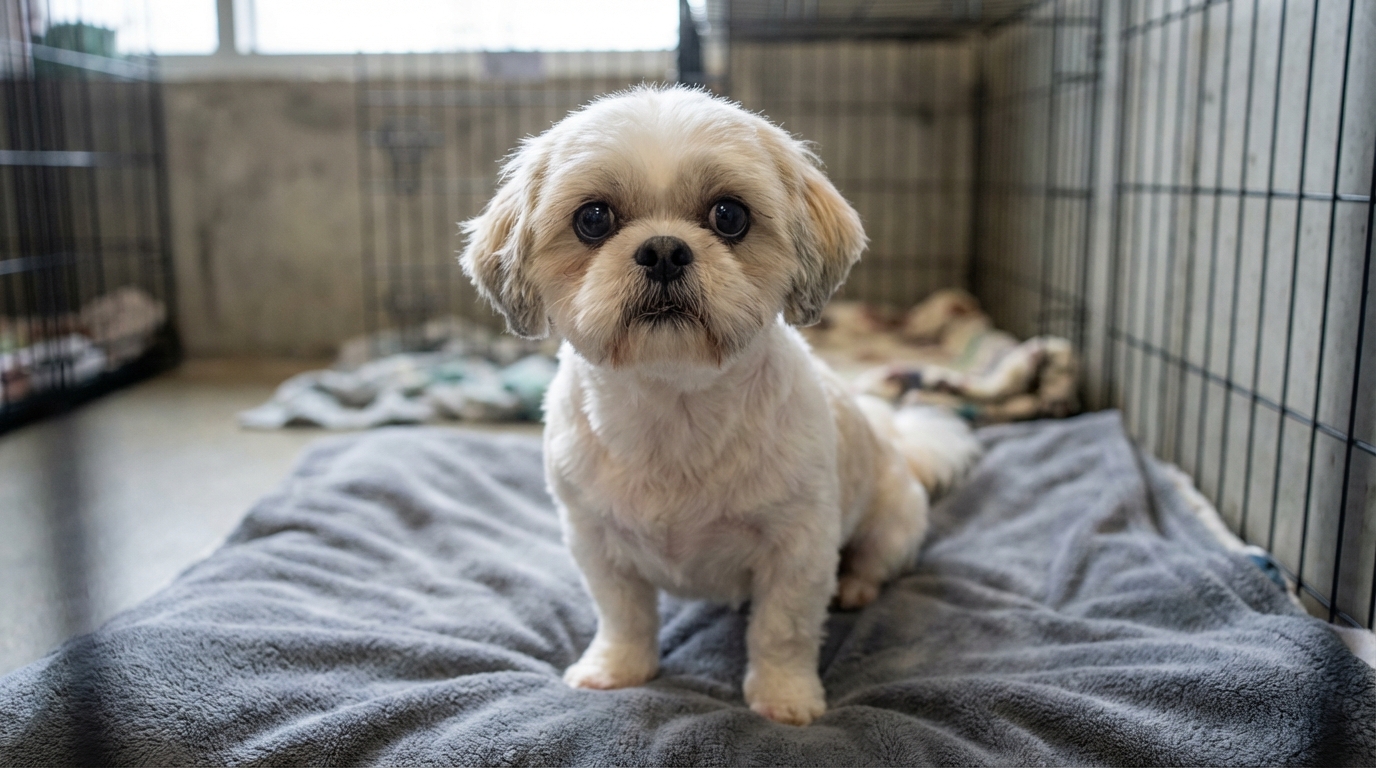Un adorable petit chien de type Shih Tzu, au pelage clair, regarde la caméra avec des yeux tristes mais pleins d'espoir après avoir été secouru.