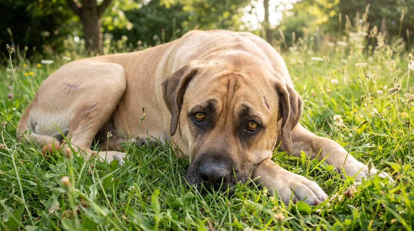 Phoenix, une chienne de race Mastiff aux yeux doux, assise calmement dans un jardin, les cicatrices de son passé à peine visibles.