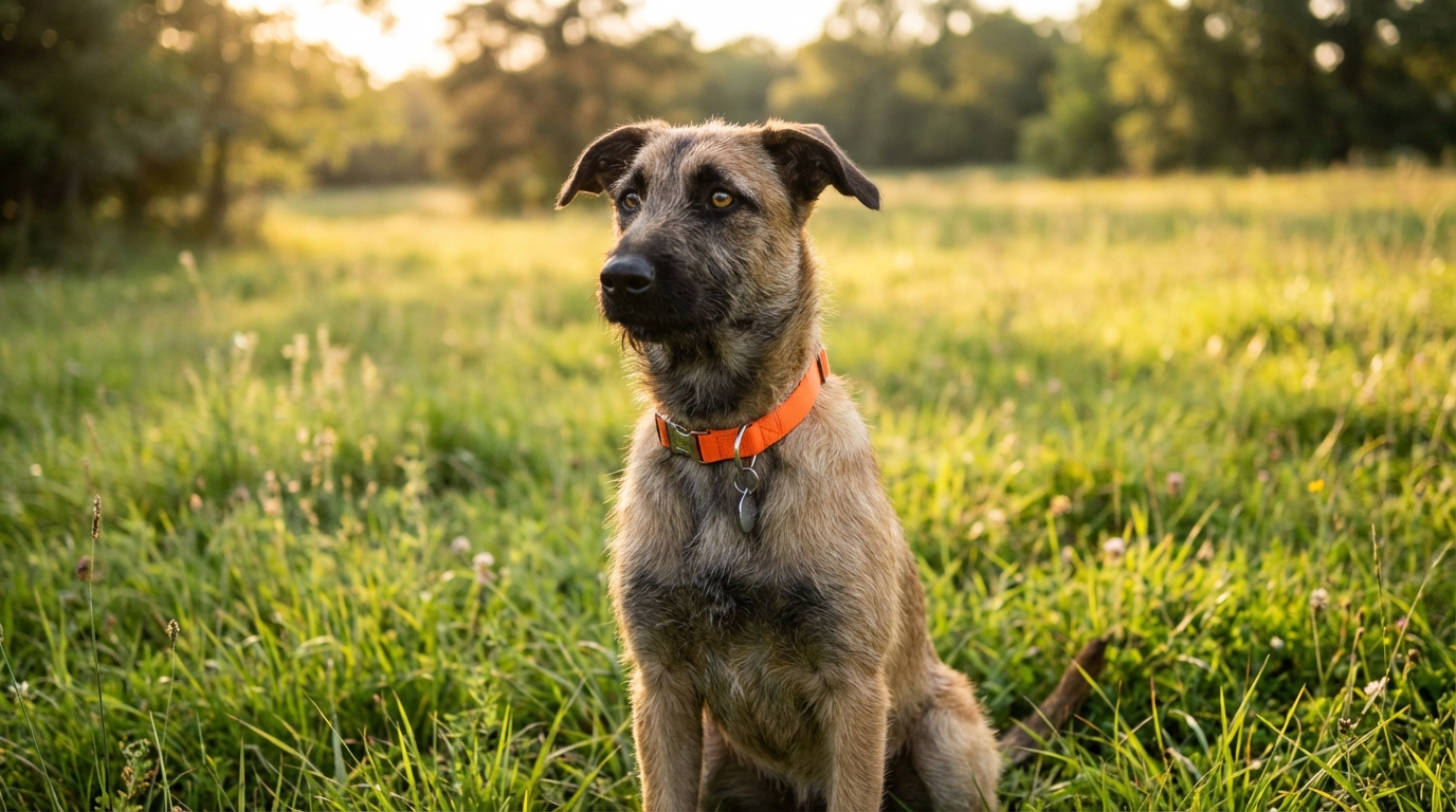 Pickle, un jeune chien malinois au regard triste mais plein d'espoir, assis dans un environnement propre et sûr après son sauvetage.