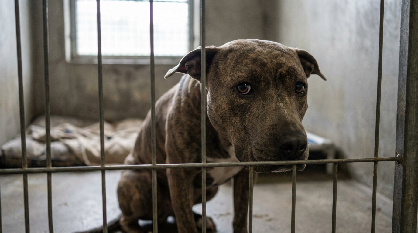 Un chien de type pitbull, l'air triste et pensif, est assis seul derrière les barreaux d'un chenil, attendant son sort.