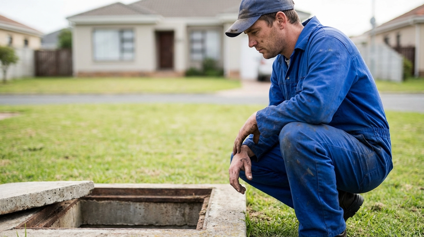 Un plombier, Lorenzo, visiblement ému, se tenant près d'une canalisation extérieure après une intervention difficile à Waterloo.