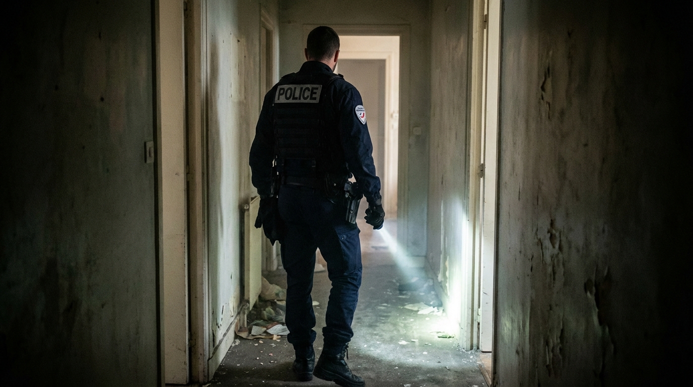 Un policier en uniforme de la Police Nationale française, vu de dos, dans une scène d'intervention tendue et sombre.