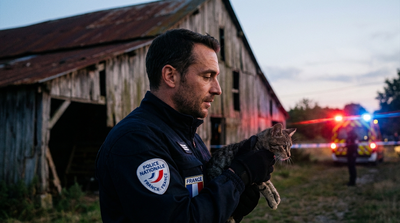 Un policier en uniforme portant délicatement un chat effrayé à l'extérieur d'une vieille grange, symbolisant un sauvetage animalier périlleux.