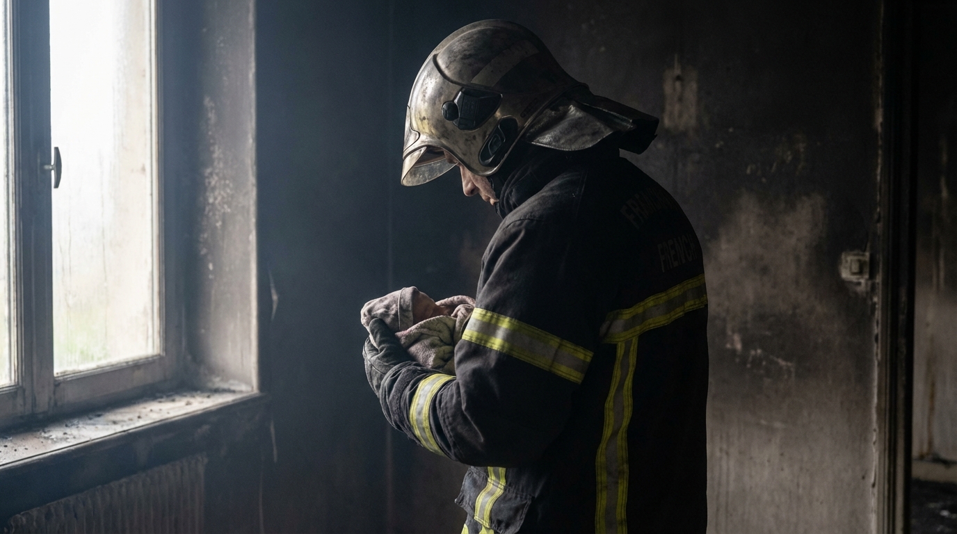 Un sapeur-pompier au visage triste tient délicatement un petit chat inanimé, sur fond de maison enfumée après un incendie.