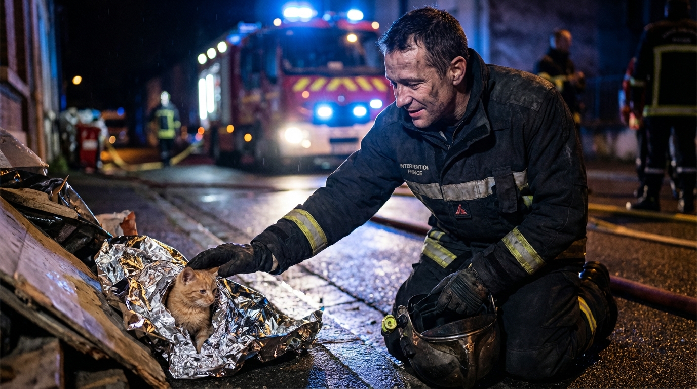 Un sapeur-pompier français en uniforme, le visage marqué par la suie, tient délicatement un petit chat dans ses bras pour le rassurer.