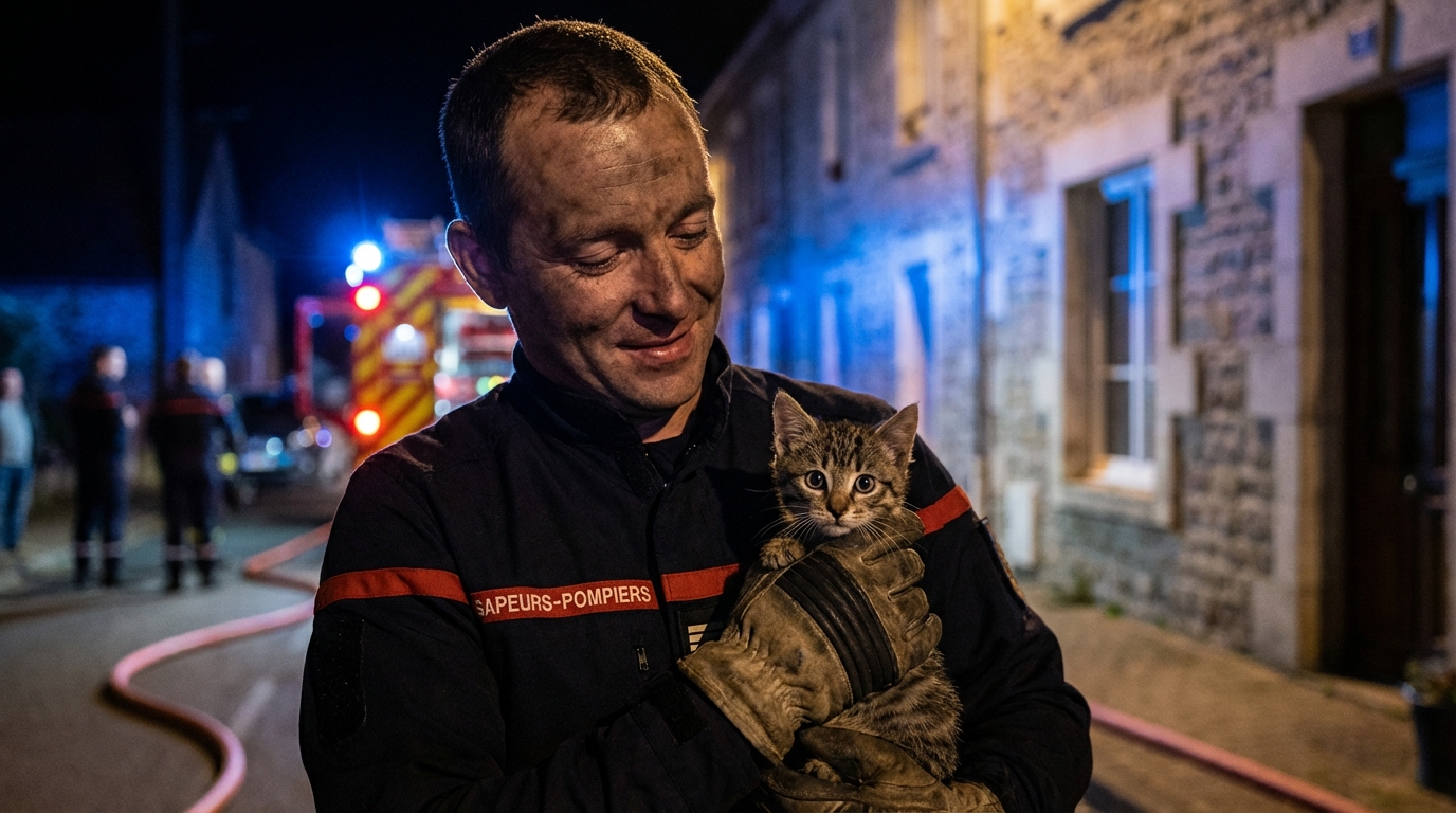 Un sapeur-pompier français en uniforme tenant délicatement un petit chat rescapé d'un incendie, le visage de l'homme exprimant la compassion.