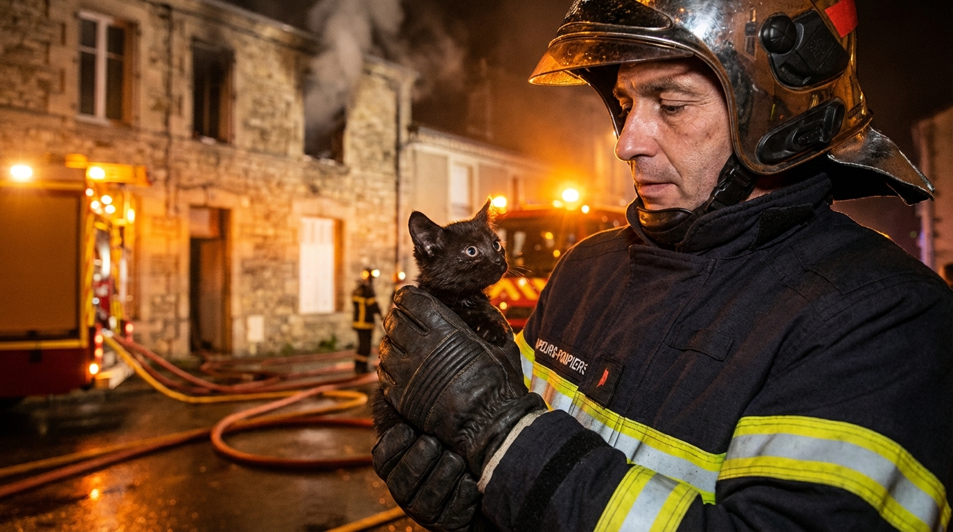 Un sapeur-pompier français en uniforme tient délicatement dans ses bras un petit chat effrayé, sur fond de bâtiment enfumé la nuit.