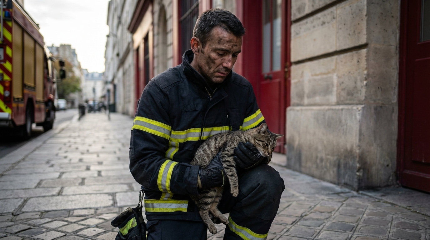Un sapeur-pompier français en uniforme tient délicatement un chat rescapé d'un incendie, le regard empreint de compassion et de tristesse.
