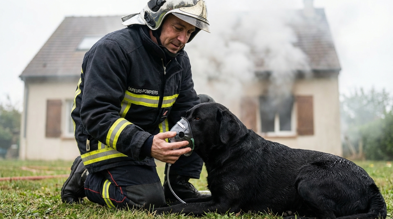 Un pompier en tenue d'intervention s'occupe avec soin d'une chienne Labrador noire, lui administrant les premiers secours après un sauvetage.