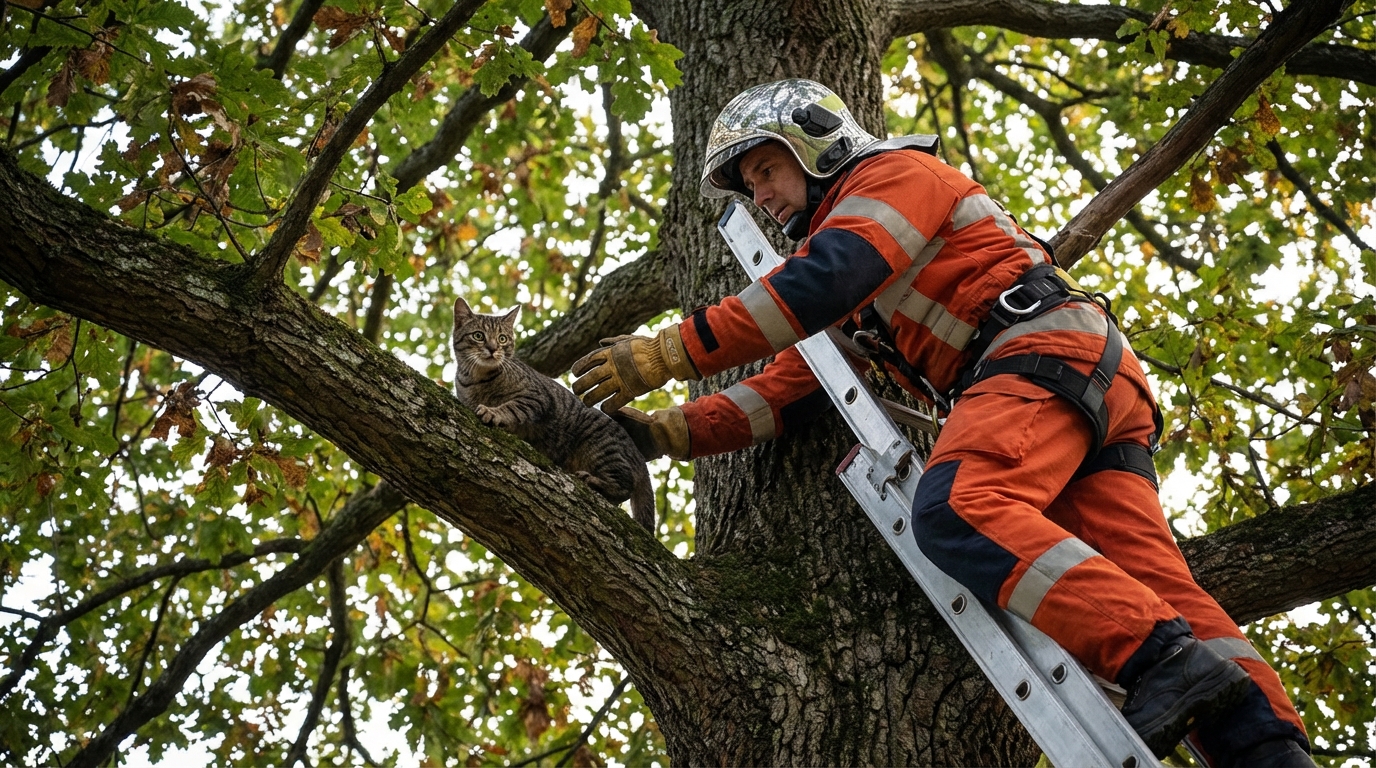Un pompier français en uniforme sur une échelle, tenant délicatement une jeune chatte effrayée qu'il vient de secourir d'un grand arbre.