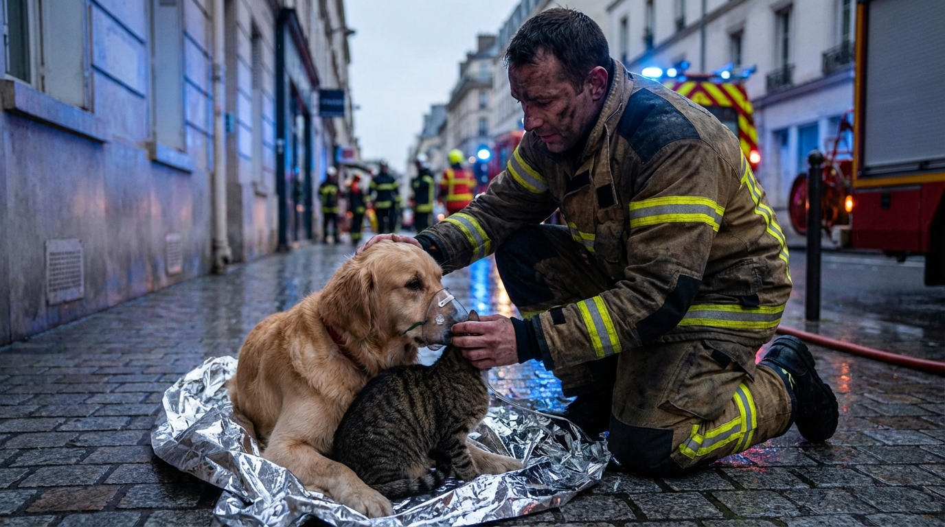 Un pompier français donne de l'oxygène à un chien et un chat après les avoir sauvés d'un appartement en feu.