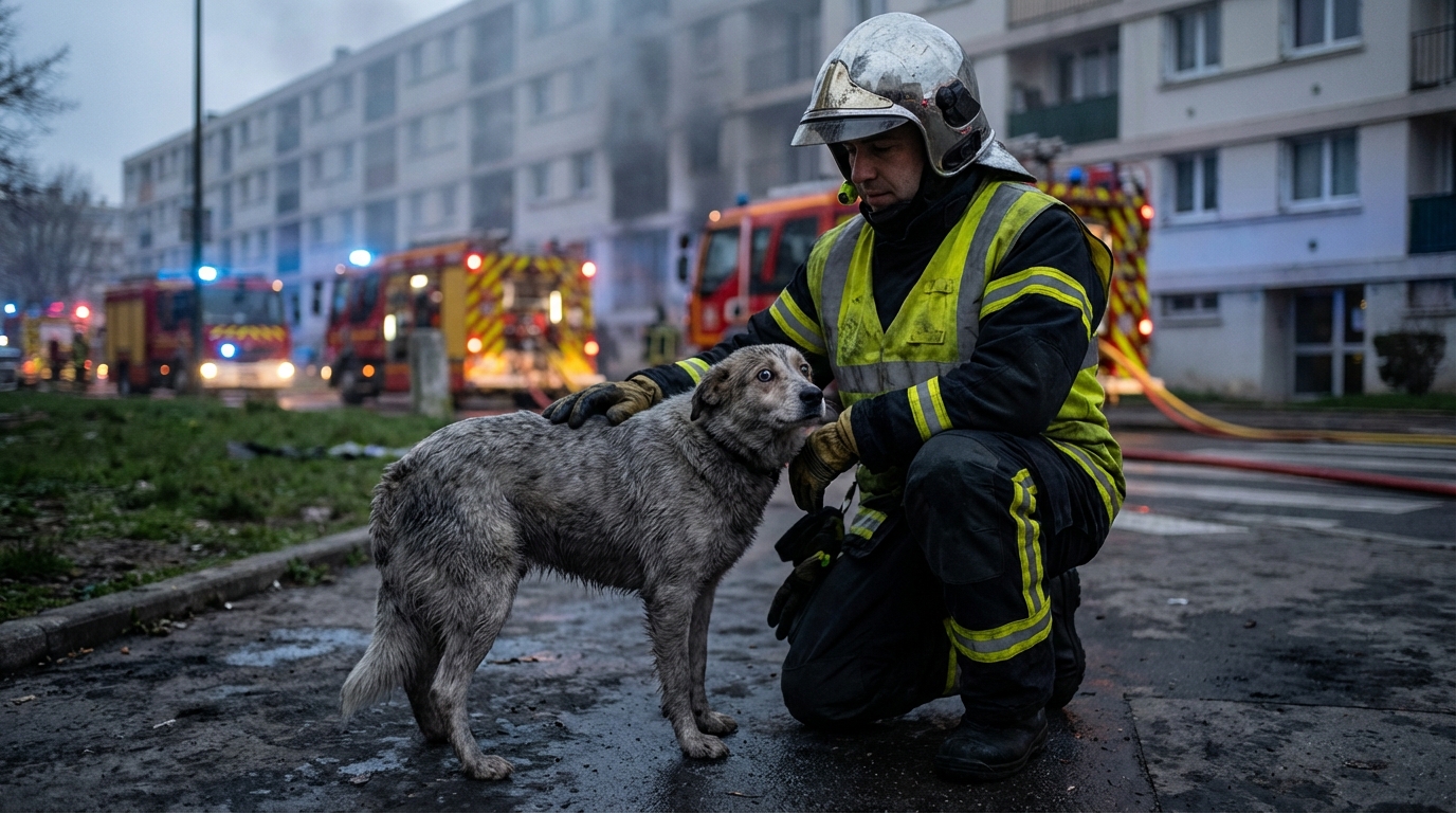 Un pompier en uniforme tient doucement un chien dans ses bras, le visage de l'animal couvert de suie, illustrant le sauvetage après un incendie.