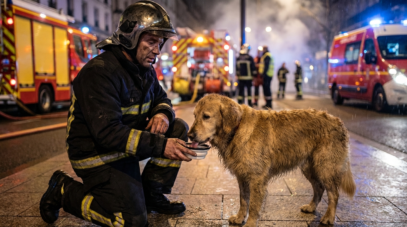 Un sapeur-pompier en uniforme porte avec soin un chien recouvert de suie, l'animal paraissant effrayé mais en sécurité.