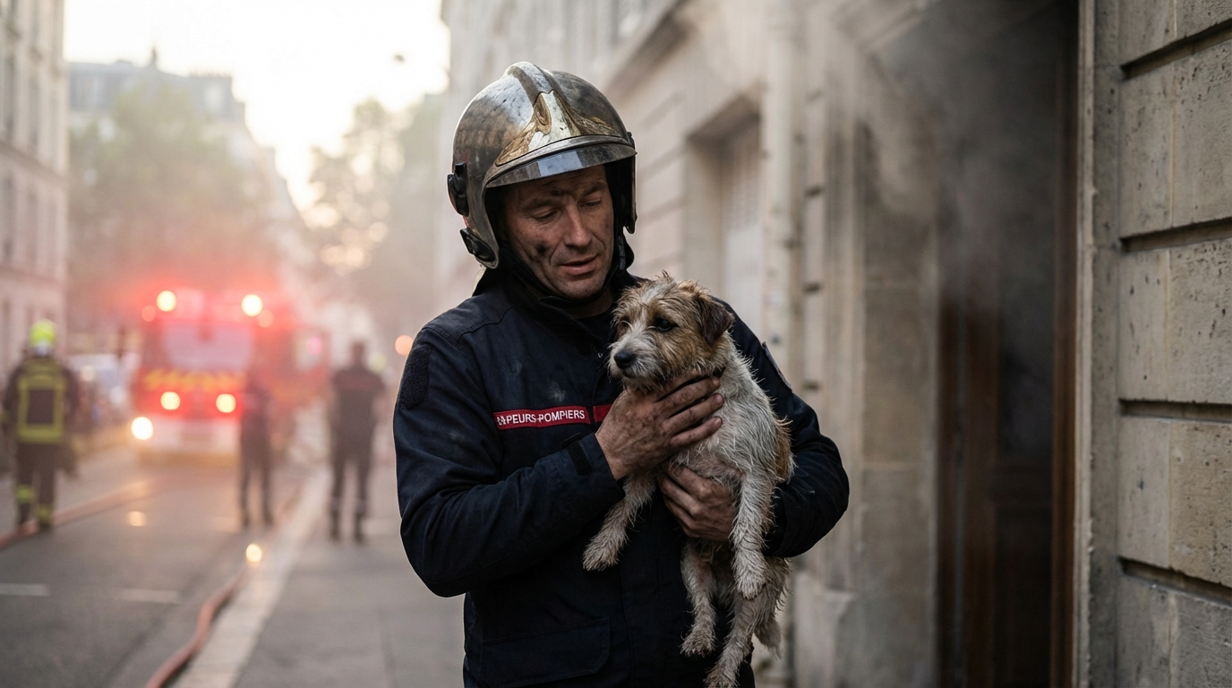 Un sapeur-pompier français en uniforme porte avec précaution un petit chien effrayé, l'éloignant d'un immeuble enfumé en arrière-plan.