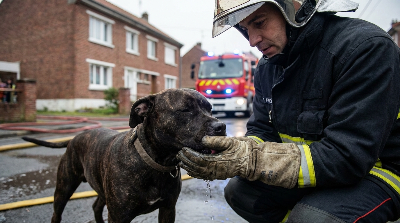 Un sapeur-pompier en tenue officielle française s'occupe avec soin d'un chien de type pitbull, sain et sauf après un incendie.