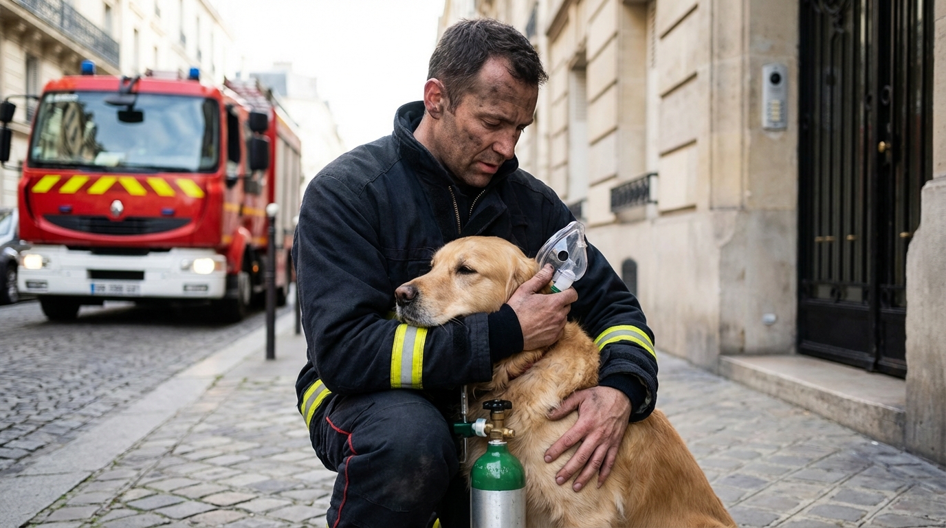 Un pompier français en uniforme tenant délicatement dans ses bras un chien inconscient après l'avoir sauvé d'un appartement en feu.